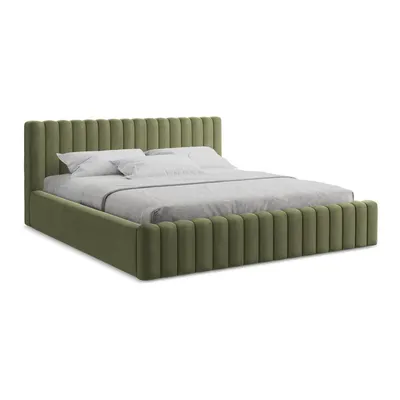 Pat matrimonial verde tapițat cu spațiu de depozitare cu somieră 140x200 cm Lemi – Makamii