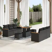 Set de sofa de gradina Gossi 9 bucati cu perne negru poliratan acacia, set de dining de gradina Gossi 3 bucati cu perne negru poliratan acacia