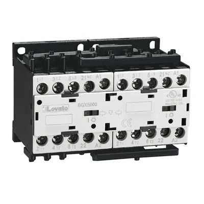 Ansamblu contactori pentru inversare de sens, DC bobina, interblocaj mecanic exterior cu auxiliar semnalizare , 9A AC3 IN DC, 4KW. bobina tensiune12VDC