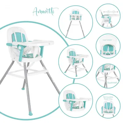 Scaun de masa pentru bebelusi Moni Amaretti Mint multifunctional 3in1,functie booster si scaunel,masuta reglabila,husa piele ecologica,suport picioare reglabil,centuri de siguranta