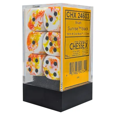 Set 12 Zaruri Chessex Brush d6 Dice 16mm - Sunrise/Negru