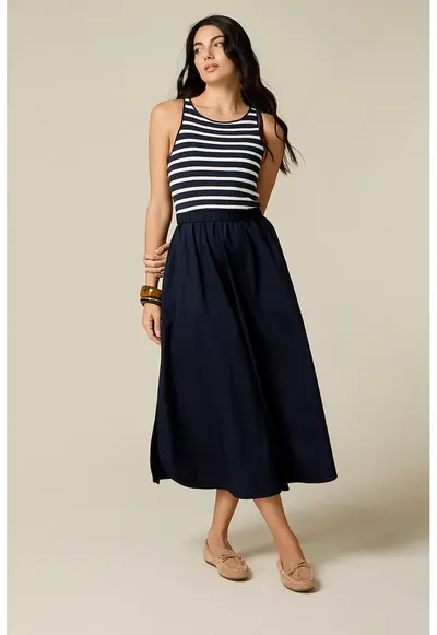 Rochie midi cu croiala evazata si buzunare - Bleumarin
