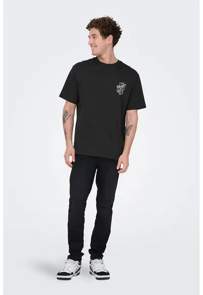 Tricou din bumbac organic cu imprimeu Fred - Negru/Roz aprins/Alb optic/Verde persan