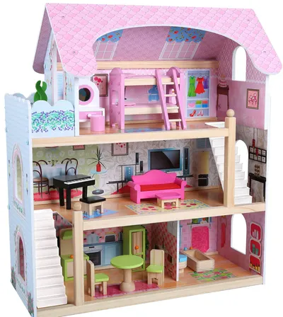 Casă de păpuși din lemn Moni Toys - Mila, cu 16 accesorii