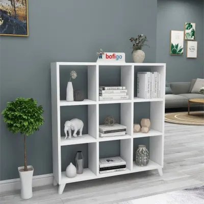 Biblioteca Cub cu 9 compartimente si rafturi, etajera carti 100.3 x 88.4 x 19.8 cm, cutii organizatoare design geometric modern, PAL melaminat 18 mm clasa E1, asezabila vertical sau orizontal ca bancuta, stil scandinav