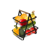 Cos depozitare fructe si legume, 2 nivele, design minimalist, metal negru mat, maner lemn