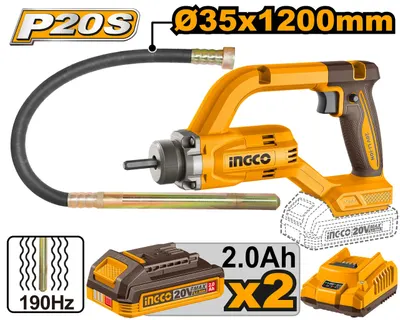 Vibrator beton INGCO CCVLI2025021E, 20V, Brushless, 0-2500 RPM, frecventa vibrare 190Hz, tija 35x1200mm, 2 acumulatori 2Ah, incarcator inclus