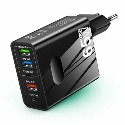 Incarcator Retea Timebox, 5 Porturi, 65W, 3 x USB, 2 x Type-C, QC 3, Negru - Default Title