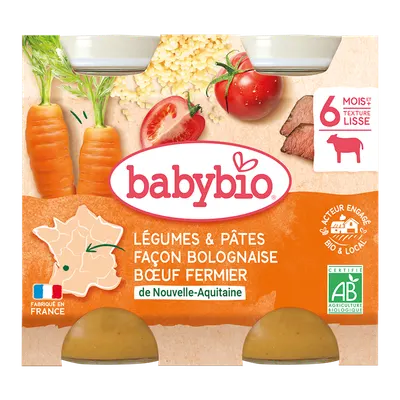 Piure bio de legume si paste in stil Bolognaise +6 luni, 2 x 200g, BabyBio