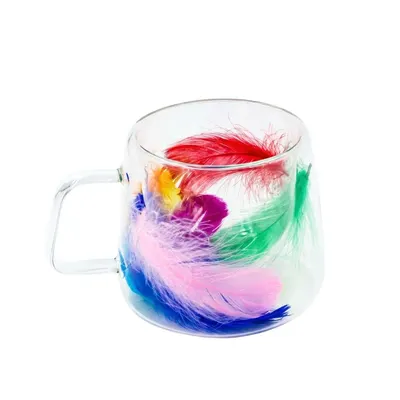 Cană cu inserție de pene multicolore, pereți dubli, sticlă borosilicată, 200 ml, Aurora Bloom
