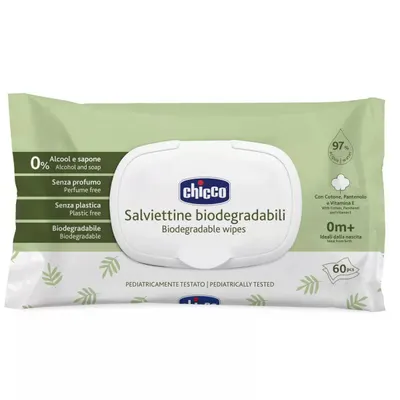 Servetele umede biodegradabile fara alcool si sapun 0 luni+, 60 bucati, Chicco