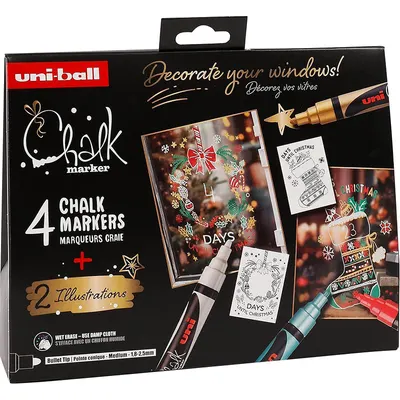 Set 4 markere cu creta varf rotund 1.8-2.5mm, Uni-Ball Chalk Traditional