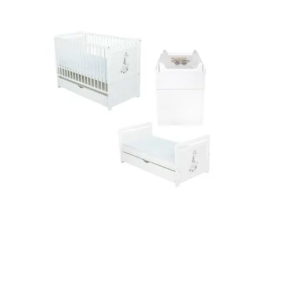 Set mobilier pentru copii, BabyNeeds: Patut multifunctional din lemn de pin, transformabil junior, cu sertar si somiera reglabila in 3 trepte, Nadia II, 120x60 cm + Saltea cocos-burete 12 cm + Comoda cu masa de infasat, Alb
