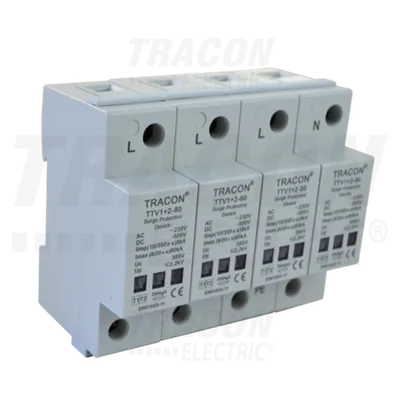 Descarcator de supratensiuni,AC/DC,clasa1+2,unitar cu soclul TTV1+2-80-4P 230/400 V, 50 Hz, 8 kA (10/350 us) 40/80 kA (8/20 us), 4P