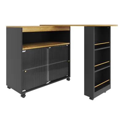 Masă bar modernă extensibilă și mobilă, cu LED, spațiu mare de depozitare, 138-204×39×105 cm, Negru