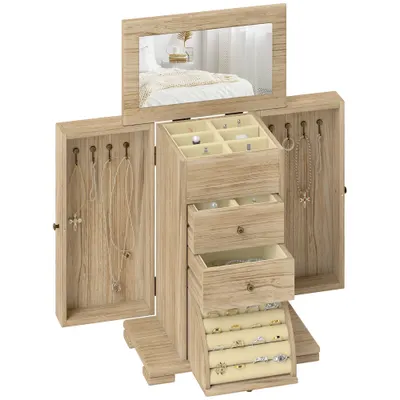 HOMCOM Cutie pentru bijuterii femei pe 4 nivele, cofret pentru bijuterii cu aripi, oglindă și 2 sertare, 26,5 x 16 x 33,5 cm, maro | Aosom Romania