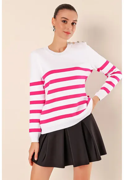 Pulover dama - BigDart - cu guler rotund - dungi - tricot - Roz aprins