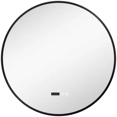 HOMCOM Oglindă de Baie Anti-Ceață cu Lumini LED Reglabile, Ø70x3 cm, Negru | Aosom Romania