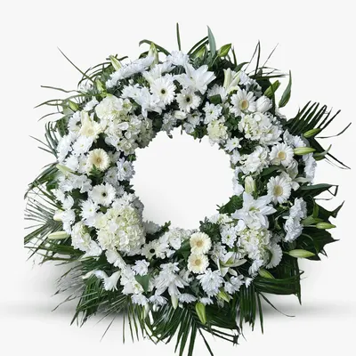 Coroana funerara cu hortensia alba si gerbera