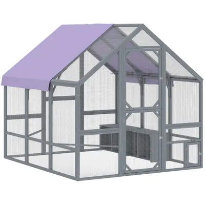 PawHut Adăpost pentru găini cu husă rezistentă la intemperii 2 cuiburi 2 bârne de odihnă pentru 8-10 găini lemn 211 x 186,5 x 185,5 cm Gri închis | Aosom Romania