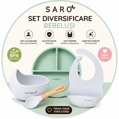 Set diversificare bebelusi Saro Verde-Alb farfurie din silicon, bol cu ventuza, baveta, lingurita ergonomica si cana pentru antrenament