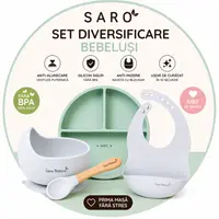 Set diversificare bebelusi Saro Verde-Alb farfurie din silicon, bol cu ventuza, baveta, lingurita ergonomica si cana pentru antrenament
