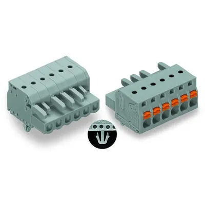 1-conductor female plug; push-button; Snap-in mounting feet; 2.5 mm²; Pin spacing 5 mm; 5-pole; 2,50 mm²; gray