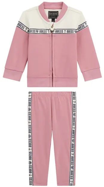 Set din 2 piese Guess - Hanorac și pantaloni cu inscripții, roz, 18 luni