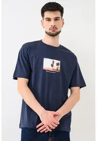 Tricou de bumbac organic cu imprimeu foto Axel - Albastru oceanic/Portocaliu pepene