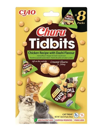 INABA Cat Churu Tidbits Rețetă cu Pui și Aromă Dashi 8×12 g gustări moi și cremoase cu pui și bulion Dashi pentru pisici