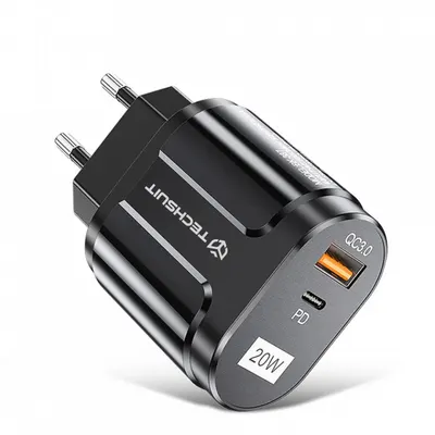 Incarcator Retea Techsuit Premium, 20W, 3A, 1 x USB-A - 1 x USB-C, Negru CHPD038