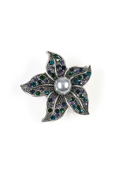 Brosa martisor floare argintie cu pietre colorate si perla