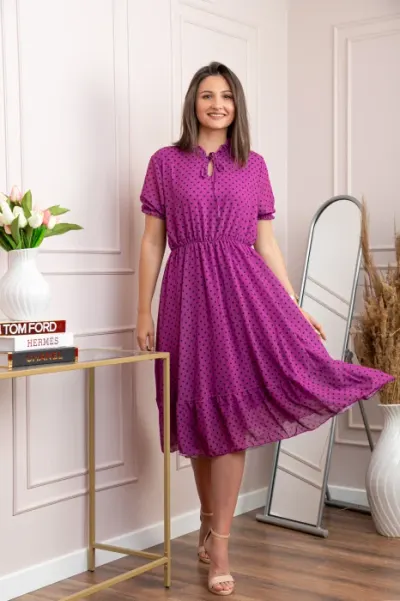 Rochie retro fuchsia Leslie cu buline negre si maneci bufante