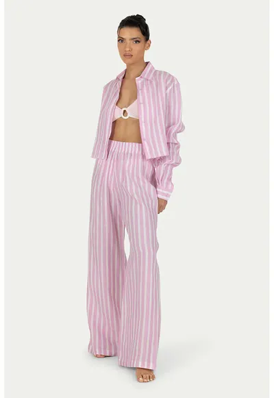 Pantaloni de in cu croiala ampla - dungi si talie inalta Cora - Alb optic/Roz