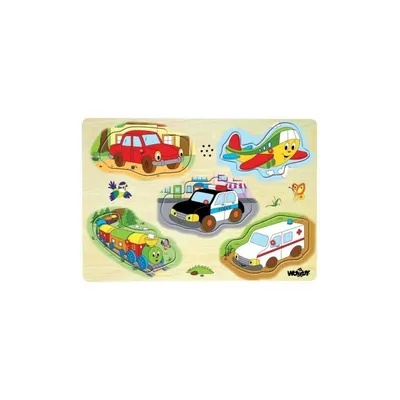 Puzzle muzical din lemn cu manere Woody - Vehicule