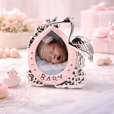 Ramă Foto BABY Barză Roz AZAY cu Cristale, 8x10 cm, Ramă Foto Nou-Născut, Cadou Botez Fetiță, Cutie Cadou Inclusă