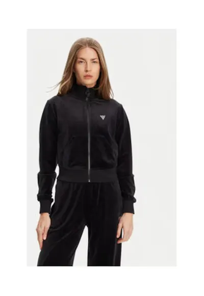 Bluza de trening cu fermoar - aspect de catifea si guler inalt - Negru