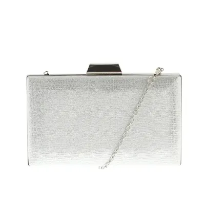 Clutch argintiu cu design compact si detalii metalice