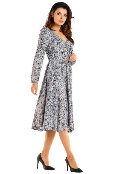 Midi Rochie print Maneca lunga A466 - Alb/Negru
