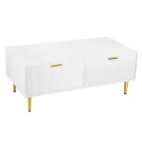 Măsuță de Cafea Modernă cu 2 Sertare și Design cu Dungi Verticale, 100x50x40 cm - Măsuță de Canapea, Alb+Auriu