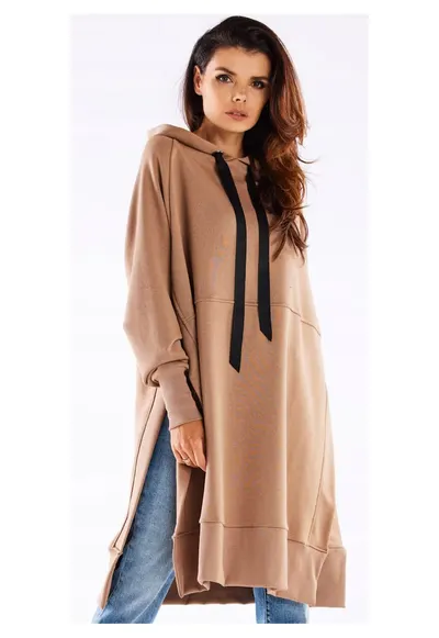 Hanorac streetwear lung oversize cu croiala dreapta - - Bej