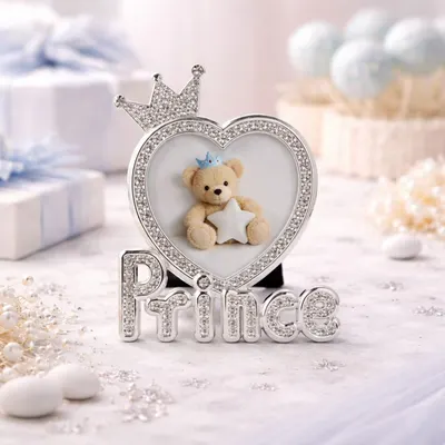 Ramă Foto Prince AZAY cu Coroană și Cristale, 5x5 cm, Ramă Foto Bebeluși, Cadou Botez / Nou-Născut, Cutie Cadou Inclusă