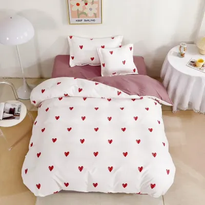 (OFERTA TRIO) Lenjerie pat 1 PERSOANA, FINET, 4 piese, cu ELASTIC, Alb-Roz, inimioare
