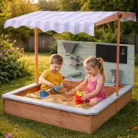 Ladita de joaca cu nisip pentru copii Lulilo, realizata din lemn de brad, copertina reglabila, tablita de scris, robinet si moara de nisip, dimensiune 120 x 120 x 120 cm