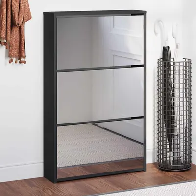 vidaXL Dulap pantofi cu oglindă, 3 straturi, negru, 63x17x102,5 cm