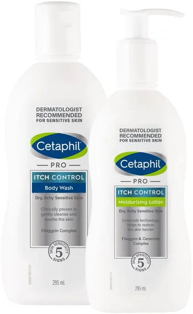 Set Cetaphil Pro Itch Control - Gel de duș și loțiune pentru față și corp, 2 x 295 ml