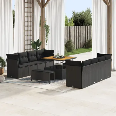 Set 11 piese gradina Gossi cu pernute negre ratan poly si acacia, set 3 piese masa gradina Gossi cu pernute negre ratan poly si acacia