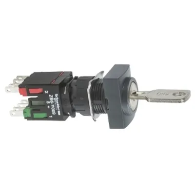 Selector cu Cheie Dreptunghiular, Ø 16, 2 Poz., Rama din Plastic, 1 No + 1Nc