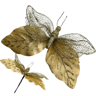 Crăciuniță luxoasă din catifea și tulle, efect „Fluture”, h 20 cm, d 28 cm, ecru-auriu– en-gros