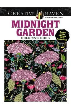 Creative Haven Midnight Garden Coloring Book: Heart & Flower Designs on a Dramatic Black Background